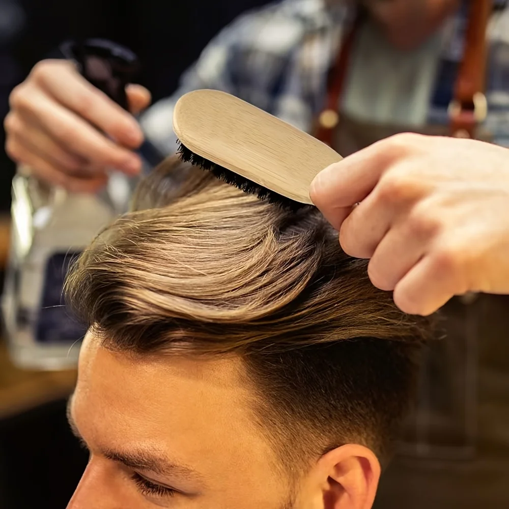 فرشاة شعر بشعيرات الخنزير بمقبض خشبي - مشط مضاد للكهرباء الساكنة وفك تشابك الشعر وتصفيفه لفرشاة تدليك فروة الرأس ذات الشعر الناعم والكثيف