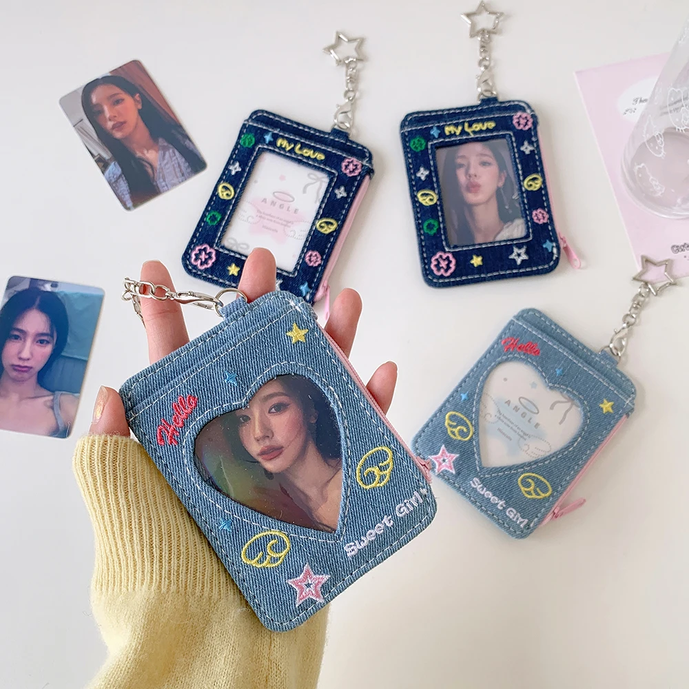 

Fashion Denim Love Girls Crossbody Bag Pendant Keychain Decoration 3-Inch Card Holder Kpop Idol Photo Storage Card Holder Gifts
