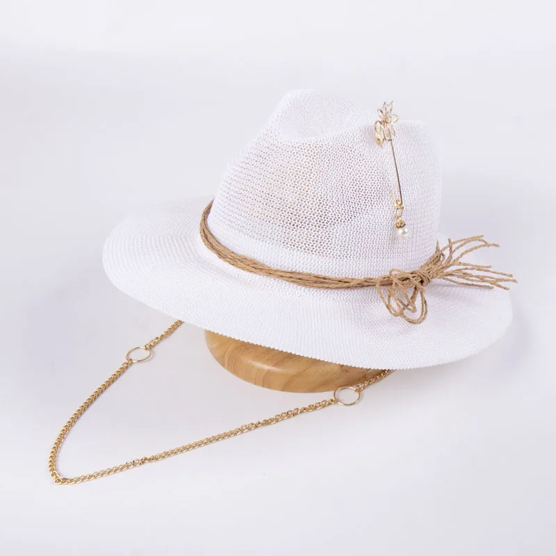 

Women Summer Hat Wide Brim Brooch Panama Hat Chain Strap Fedora Hat Bowknot Beach Hats Sun Hats