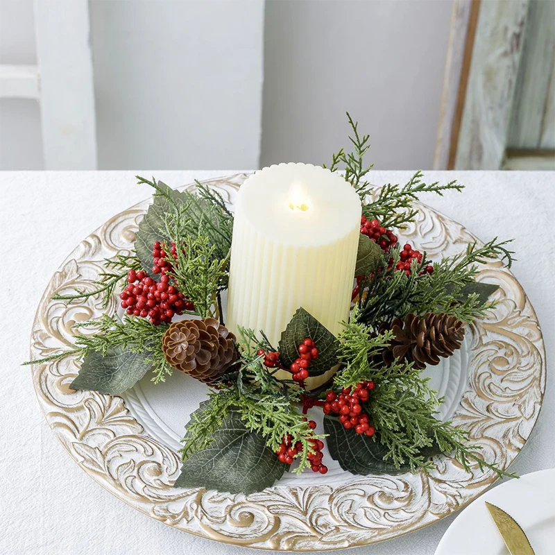 Christmas Candlestick Wreath Artificial Berry Garland Candle Ring Xmas Table Decoration Fake Leaves Wreath For Candle Holder