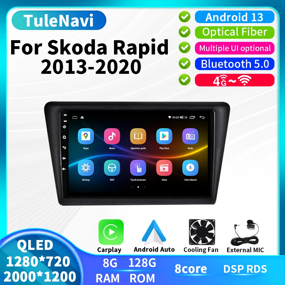 T7plus Car Radio Android 13 For Skoda Rapid 2013 - 2020 Car Multimedia Player Carplay Portable Navigation GPS Screen Head Unit