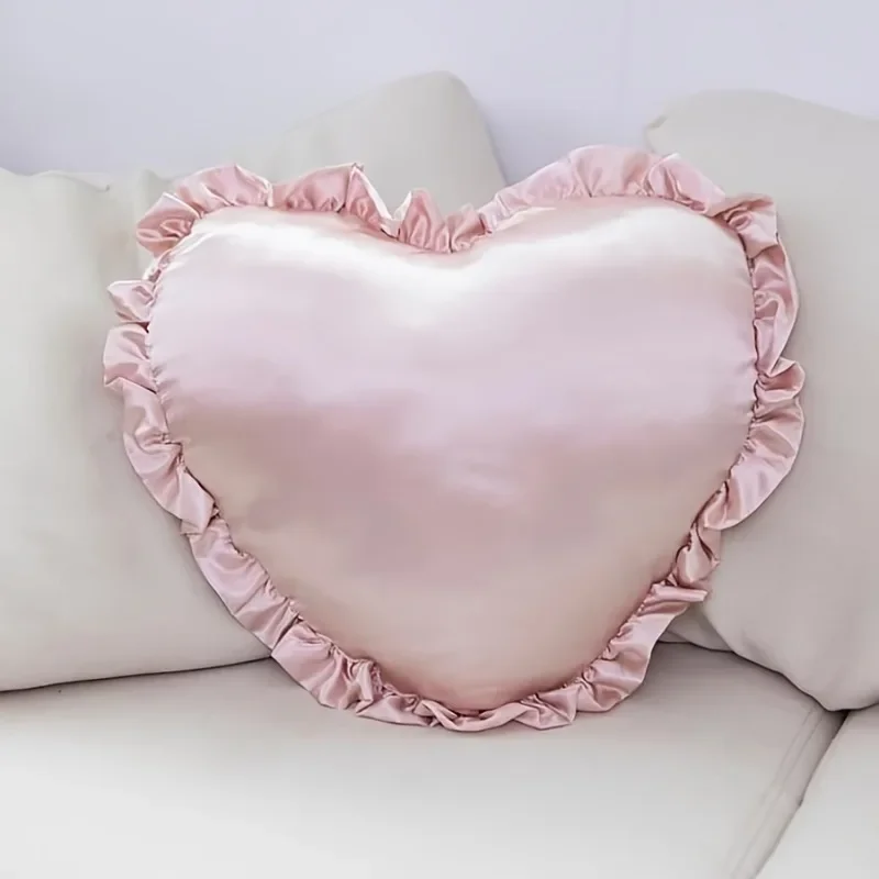 Pillow Satin Ruffle Pillow Heart Shape Pink Lace Cushion Bedroom Sofa Home Decor Throw Pillow