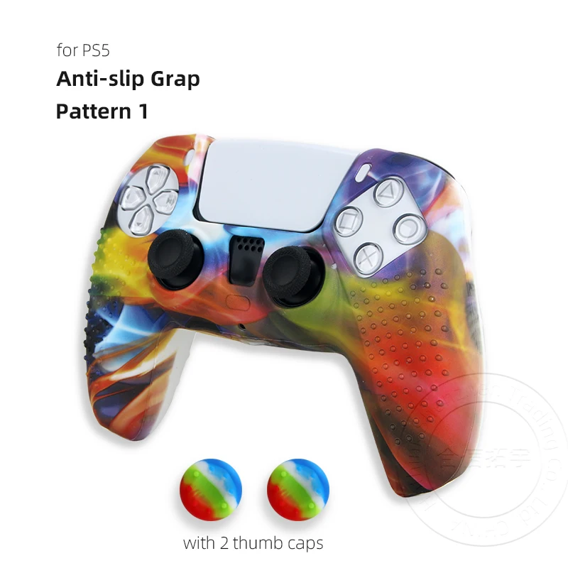 HOTHINK 1set Water Transfer Printing Silicone Protective Case Cover Skin for PS5 Controller with 2pcs Thumb Caps