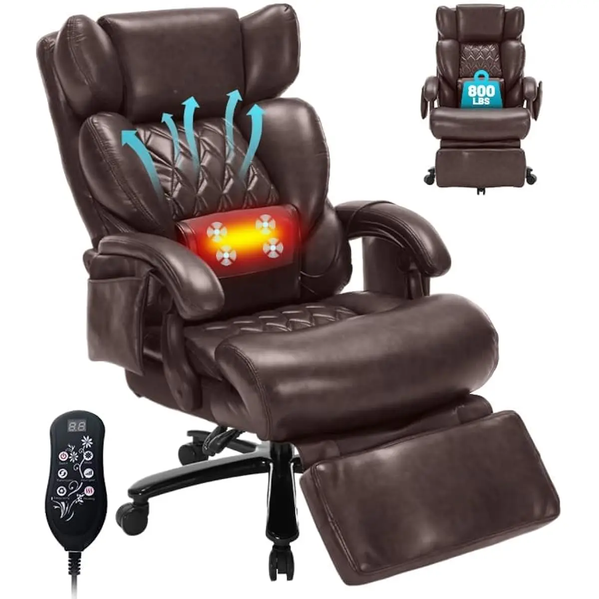 Oversized ergonomic office chair with 8-point massage nodes, dual-zone heat therapy, 90°–150° recline, 6-position footrest, 800