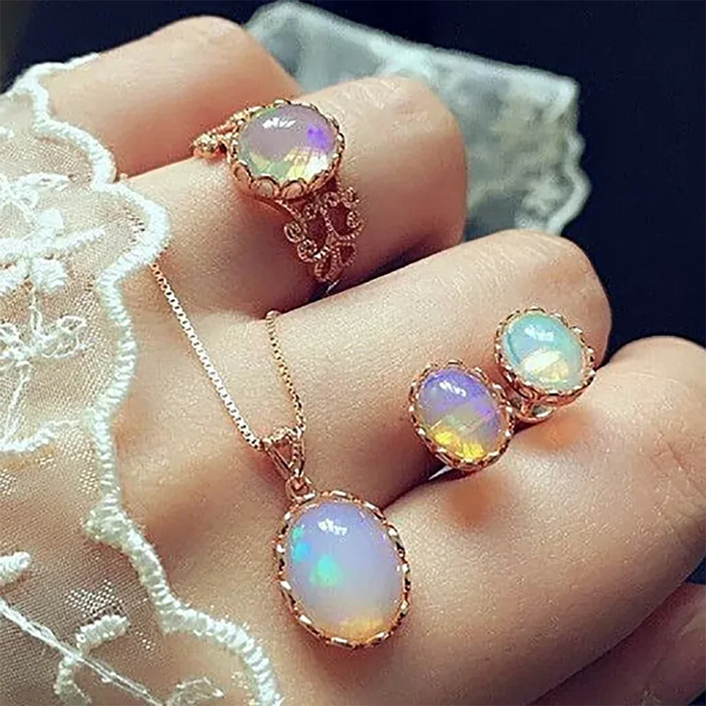 

New Fashion Elegant Opal Jewelry Sets For Woman Cubic Zirco Water Drop Necklace Pendant Earrings