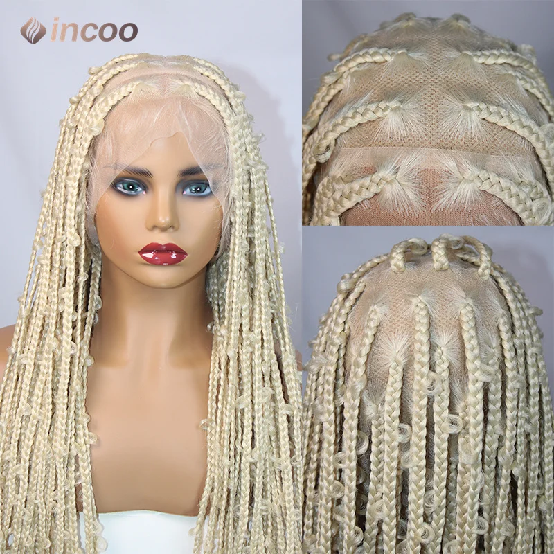 

36" Butterfly Braided Wigs 613 Blond Color Synthetic Lace Front Braids Wig Black Women Full Lace Jungle Goddess Box Braided Wigs