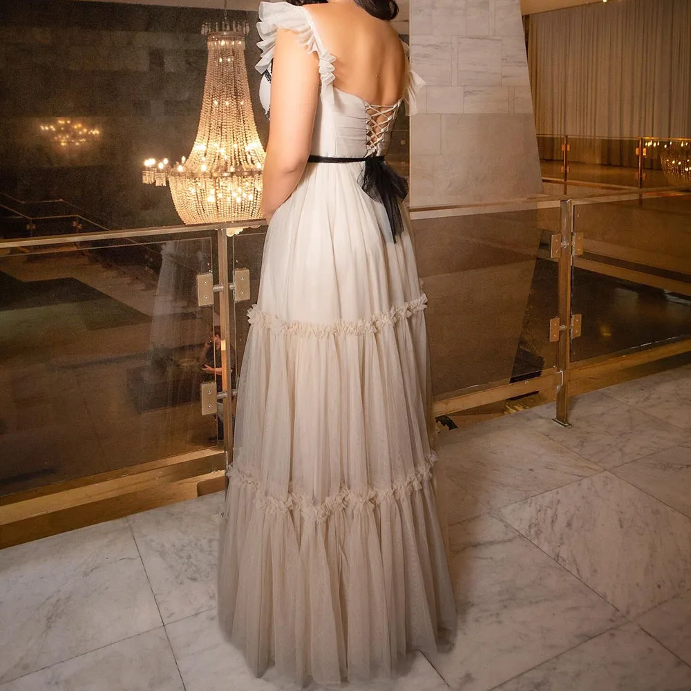 

Customized A-Line Evening Dresses Floor-Length V-neck Sleeveless Prom Gown Simple Fashion Draped Backless Lace-Up Party Gown
