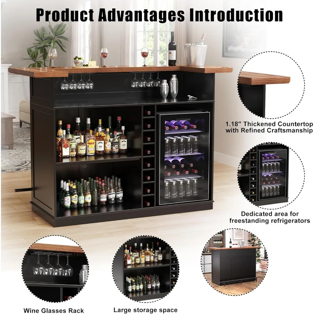 طاولة بار صغيرة مع مساحة ثلاجة وخزانة نبيذ مشروبات على شكل حرف U لتخزين الطابق السفلي أو غرفة المعيشة، 63.1 بوصة