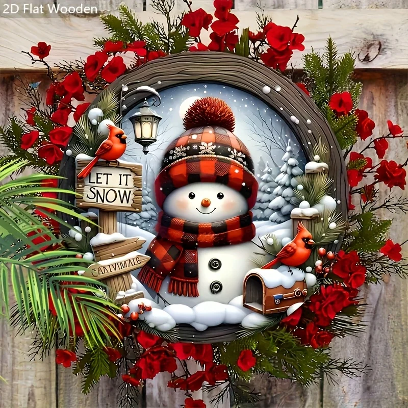 2D Flat, 1pc Christmas Snowman Cardinal Wooden Sign - Christmas Figurine Ornaments for Front Door Wall Hanging Decor Ideal Chris