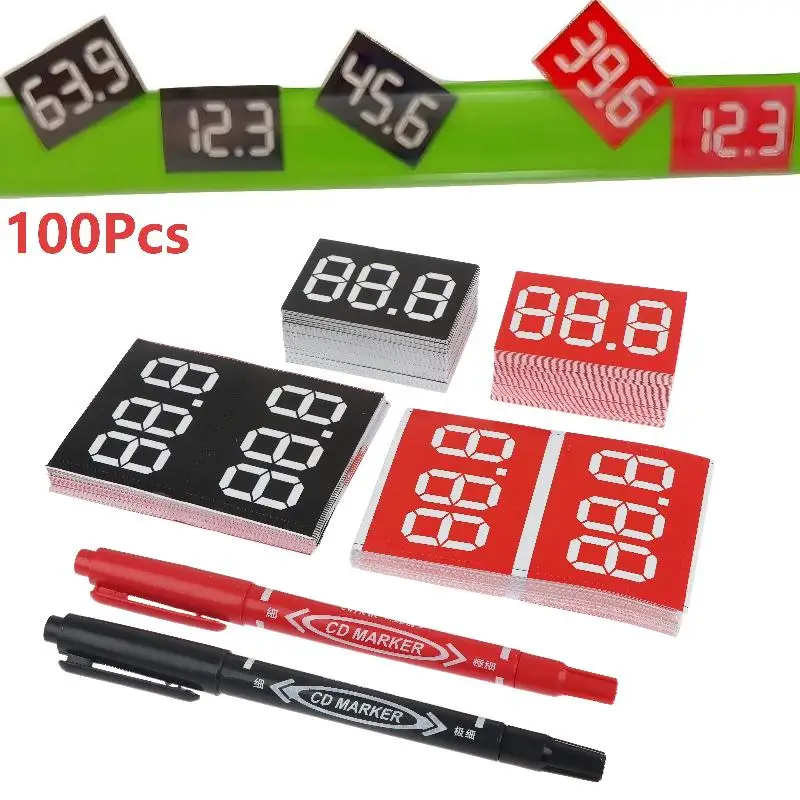 Tear Resistant Erasable Self Adhesive Mark Cards 100Pcs with Pen Digital Price Tags for Commercial Retail Shop Use