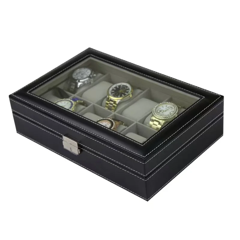 PU Leather watch box 6/10/12 Slots Watch Display Case For Men Organizer Jewelry Storage Box With Glass Top For Gifts
