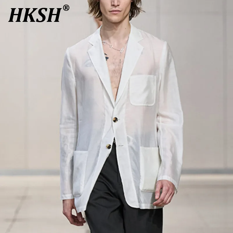 

HKSH Spring Summer New Men's Tide Thin Casual Ice Silk Coat Slim Sunscreen Blazer Fashion Jacket Light Weight Niche Tops HK2216