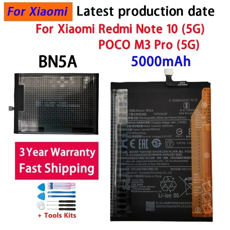 NEW 5000mAh BN5A High Quality  Battery For Xiaomi Redmi Note 10 5G POCO M3 Pro 5G Mobile Phone Batteries Bateria Batterij+Tools