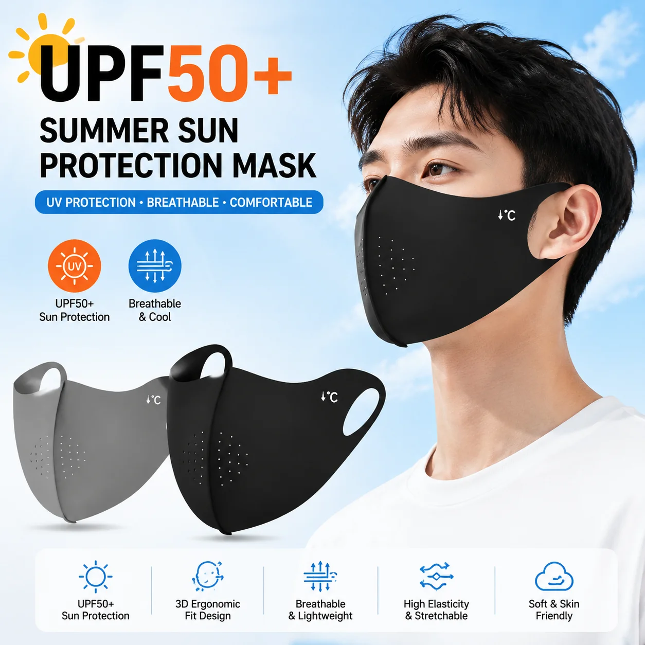 UPF50+ Cooling Sun Protection Face Mask, Breathable Slimming Cover for Outdoor Driving Sports