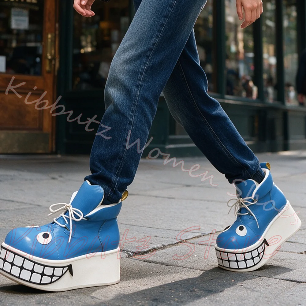 Monster Face Platform Ankle Boot Shark Teeth Women Gothic Lace Up Punk Thick Sole Wedge Heel Round Toe Shoes Leather Fashion New