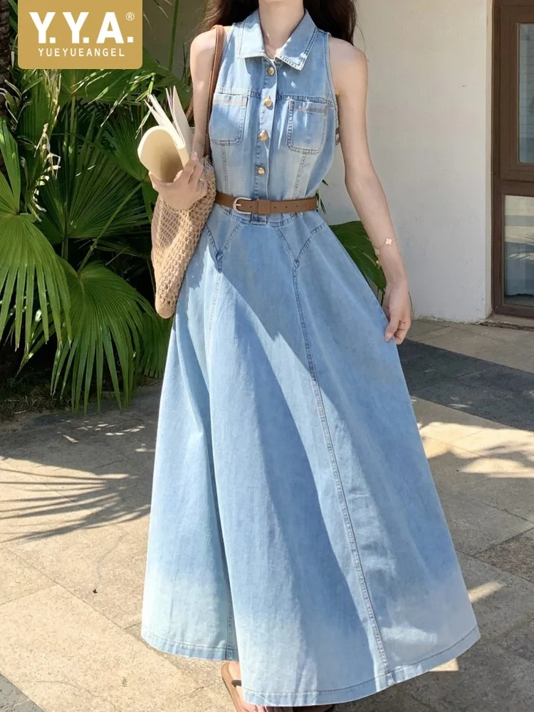 Office Ladies Sleeveless Turn Down Collar Single-Breasted Versatile Long Dress Concise Fashion Solid Color Belt A-Line Dresses