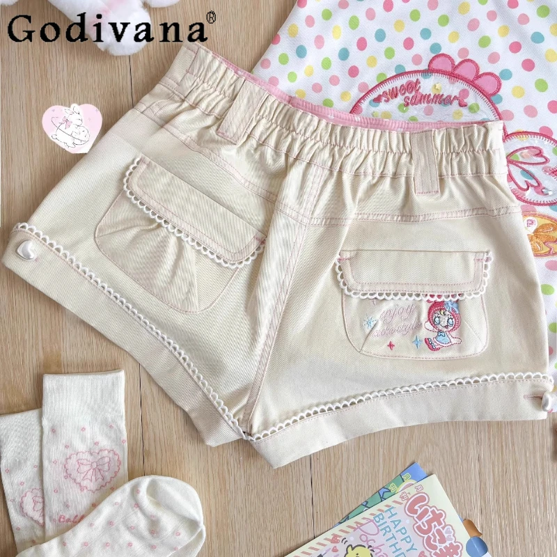 

Original Japanese Soft Girls Kawaii Shorts Summer New Daughter Cute Embroidery Heavy Industry Short Student Daily Casual Shorts