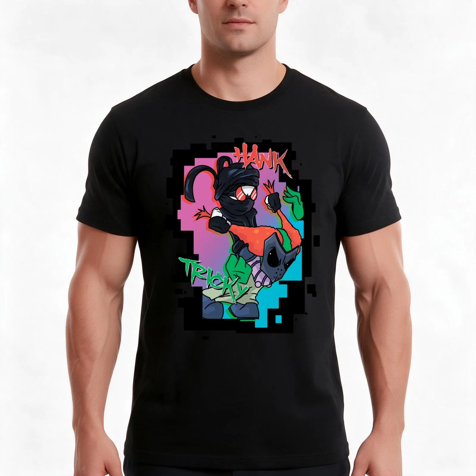 fnf mc hank and tricky graffiti T-Shirt, Summer Casual Cotton Tee, Oversized Streetwear Tops, Vintage Graphic Print, 100% Cotton