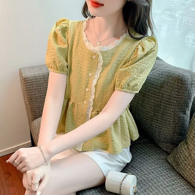 

Lace Patchwork Tops Short Sleeve O-neck Pleated Solid Youth All-match Elegant T Shirts Summer New Sweet Fashion Women Clothes