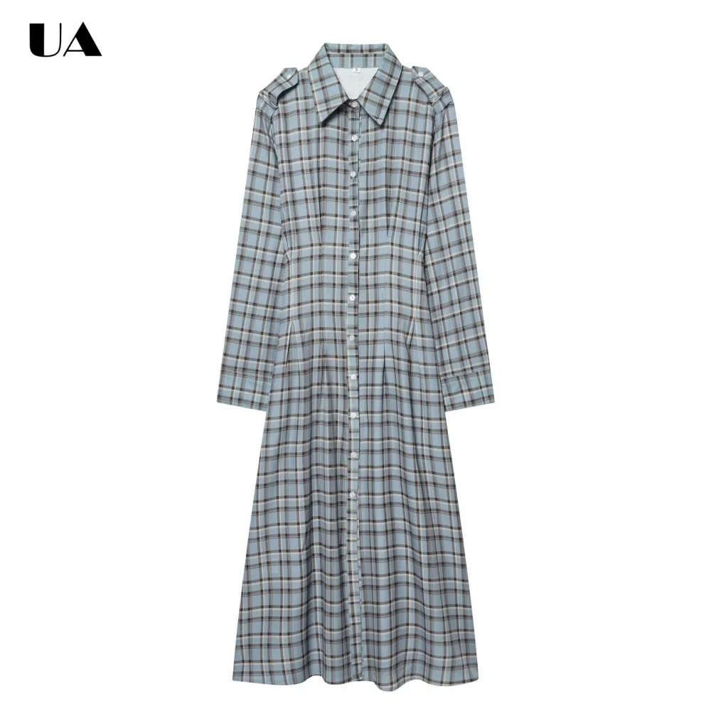 

Trendy Plaid Turn-down Neck Midi Dress with Long Sleeve Commuter Style A-line Long Dress for Woman Classic Single Breasted Dress