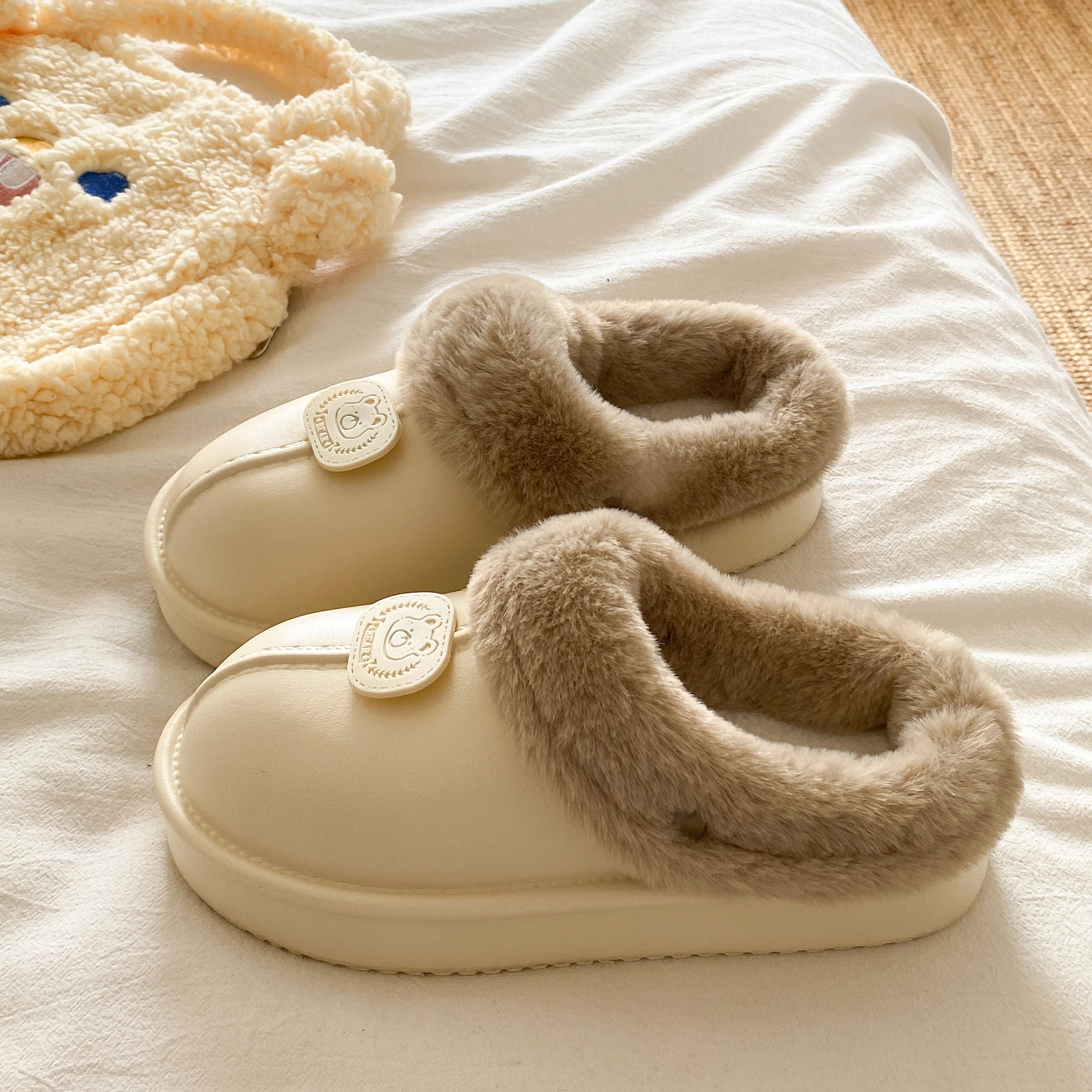 Autumn and Winter Casual Outerwear Lightweight Flat-Soled Cotton Slippers for Women's Home Indoor Fleece-Lined Warm Cotton Slippers