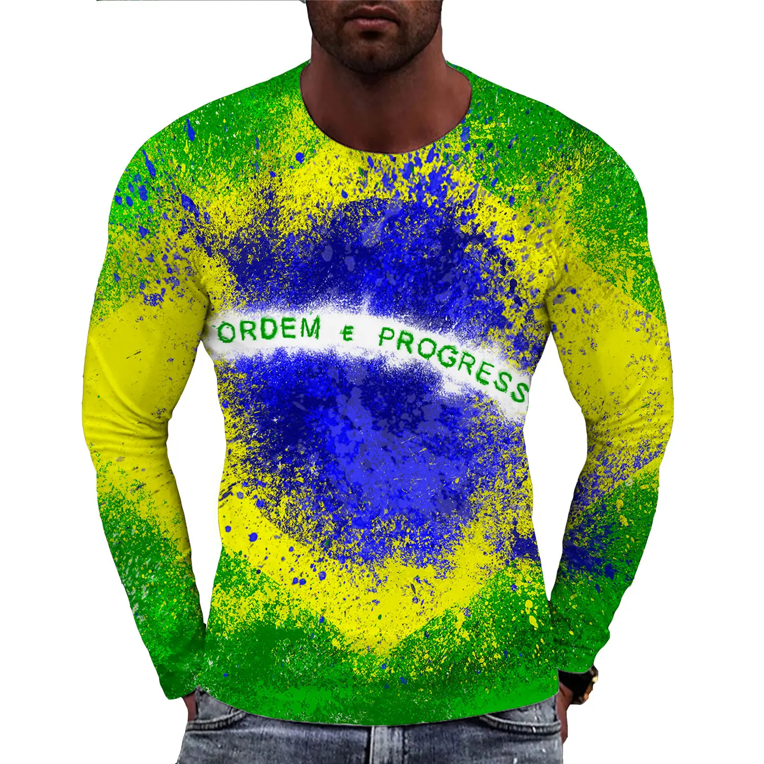 Brazilian Flag Graphic Printed Autumn Men's O-Neck T-shirt Casual Long Sleeve Oversized Tops Fashion Streetwear Men Clothing