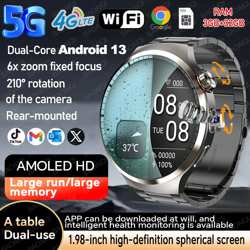 

5G Full Network 4G Smart Watch 1.98 inch 466*466 AMOLED Screen HD Video Call 1000 mAh WIFI GPS Google Play Smartwatch Android 13