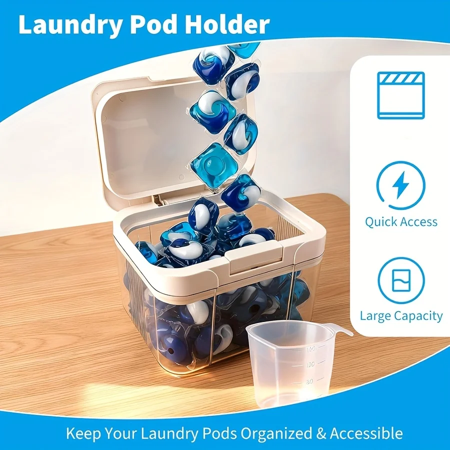 Laundry Pod Holder Compatible with Tide - Pod Storage Container, 2.9L Powder Containers with Pop up Lid and Scoop Organizer