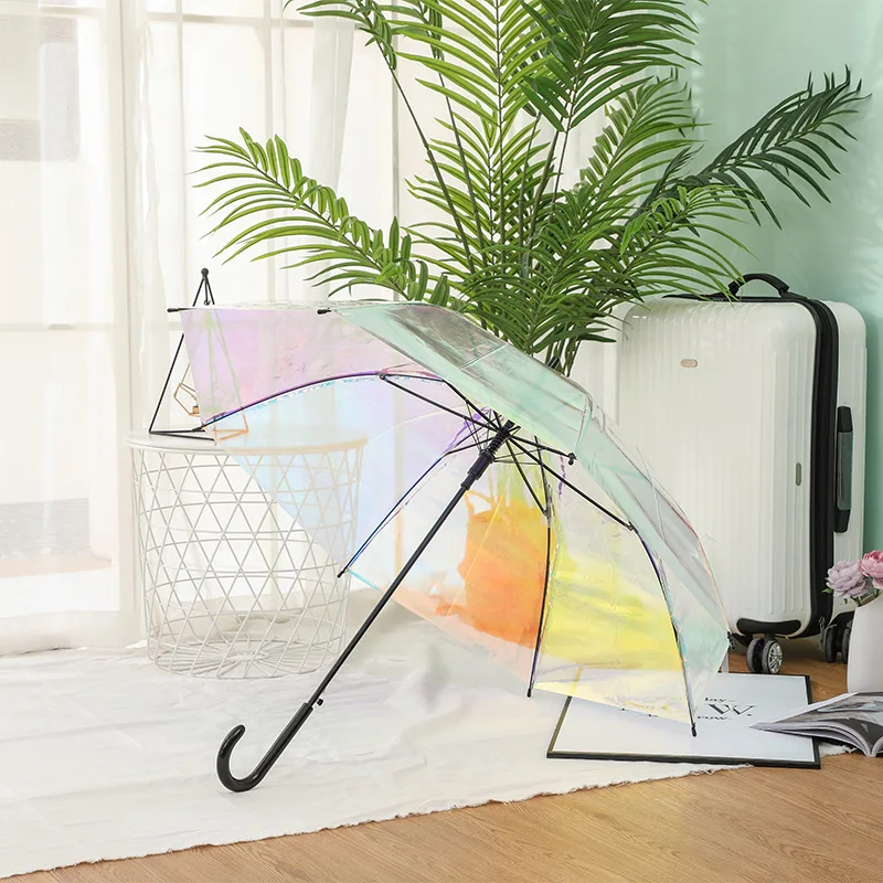 Laser Semi-Auto Transparent Umbrella Fashion Colorful Long Handle Umbrella