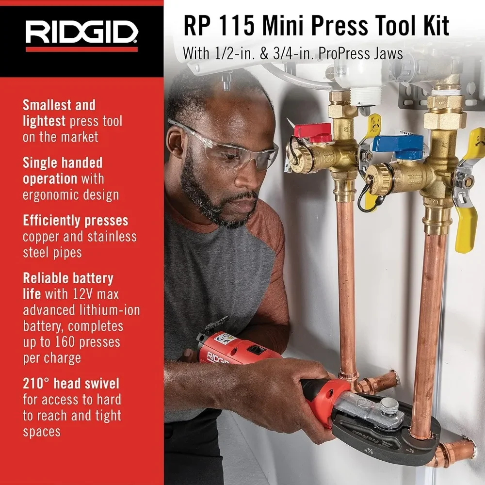 RIDGID 72553 Model RP 115 Mini Press Tool and Battery Kit, 12V Charger, and Carrying Case , Red