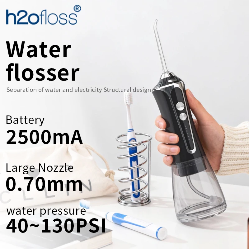 

H2ofloss Oral Irrigator Portable Water Flosser Dental Water Jet High Pressure 5 Modes 5 Tips for Teeth Cleaning and Nasal 2in1