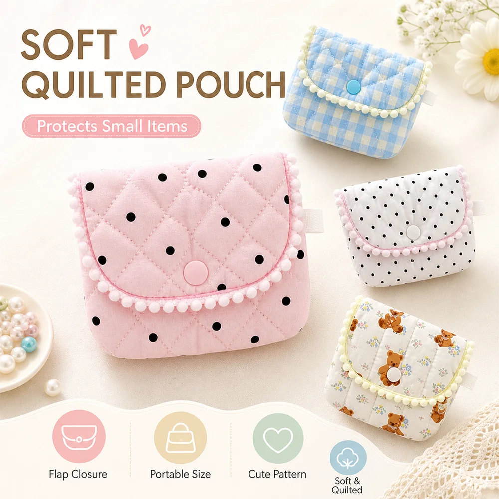 Flap Closure Quilted Storage Pouch Cute Bear Pattern Polka Dot Pattern Earphone Case Earphone Storage Small Item Organizer