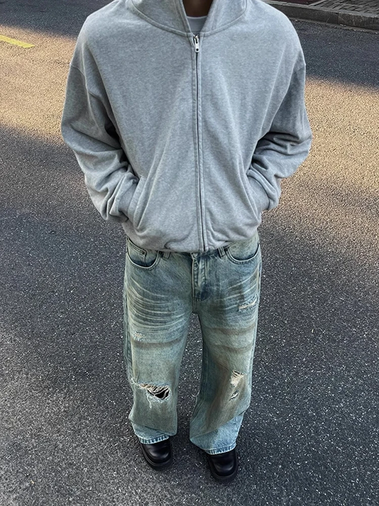 

Cleanfit Zipper ey Sweatirt Men's Spring Autumn Basic Sle American Retro Jaet Hooded Heavyweight Open Cardigan