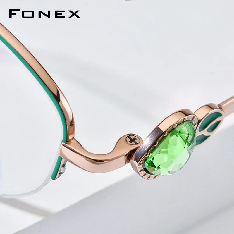 FONEX Titanium Eyeglasses Frame Women Luxury Brand Designer Diamond Trim Semi-Rimless Glasses High Quality Japanese Eyewear 6123