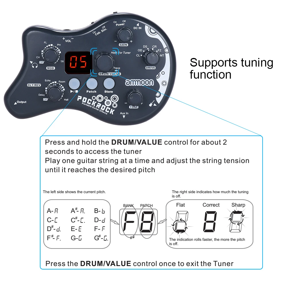 ammoon PockRock Portable Guitar Multi-effects Processor Effect Pedal 15 Effect Types 40 Drum Rhythm Tuning Function with Adapter