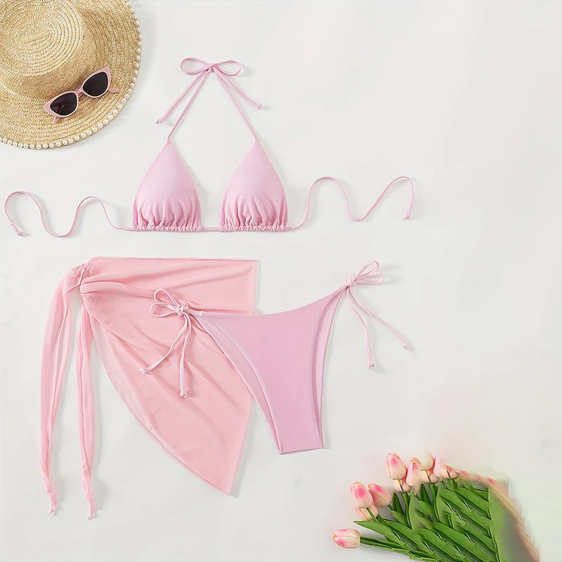 Sexy Lace-up Bikini Set 3 Piece,sheer Wrap Skirt Slimming Triangle-strap Swimsuit,summer New Beach Vacation Women's Swimsuit Set