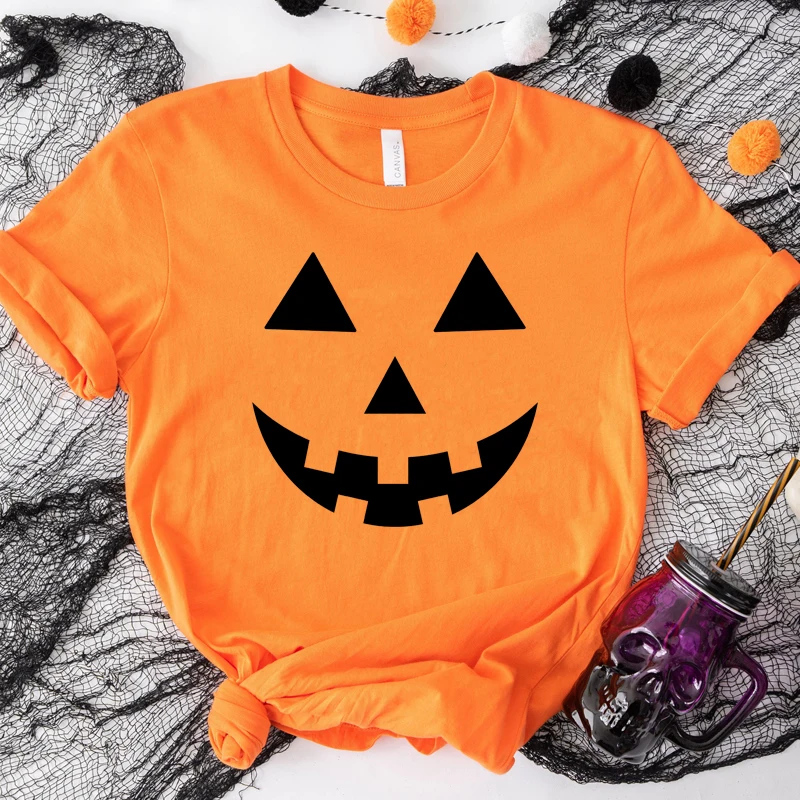 

Funny Halloween Women T Shirt Cotton Pumpkin Smile Face Kawaii Clothes O Neck Witch Graphic Tee Orange Colour Tshirt Wicca Tops