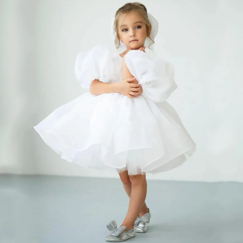 Vestidos blancos de flores para niña, tul hinchado con lazo, manga corta para boda, fiesta de cumpleaños, vestidos de comunión