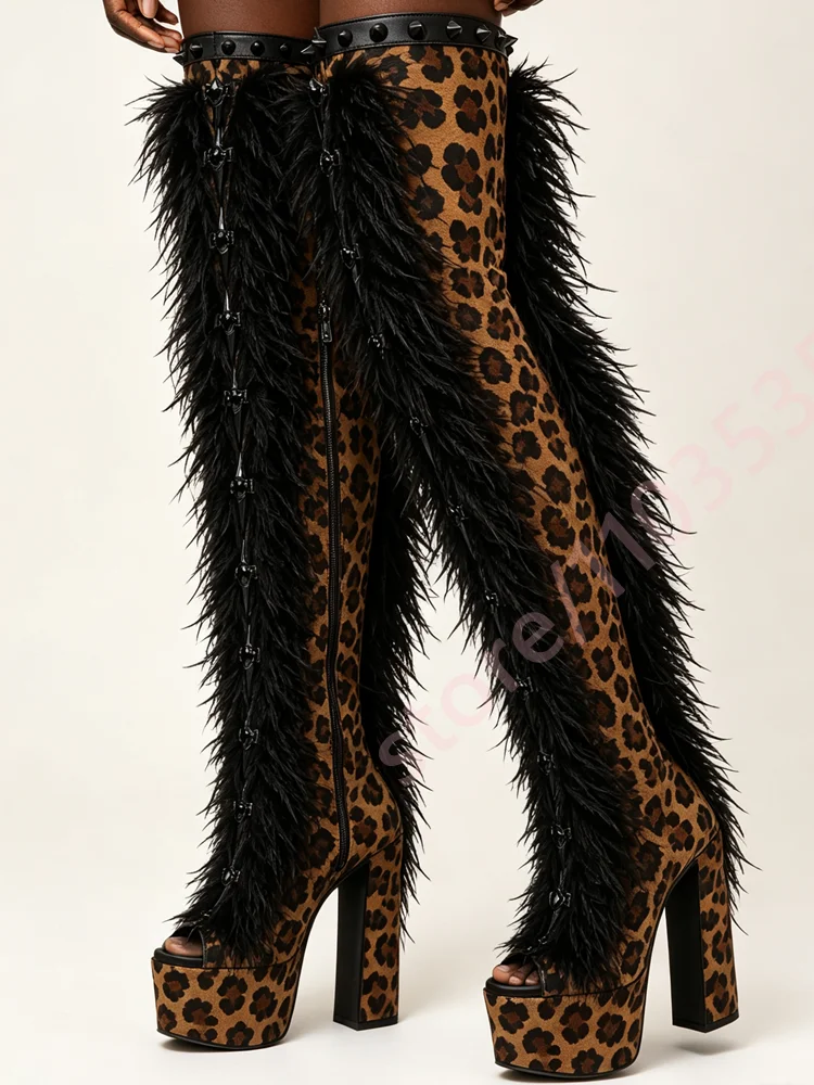 Leopard Print Peep Toe Thigh High Platform Boots Women Black Feather Spiked Block Heel Gothic Punk Party Over The Knee Boots