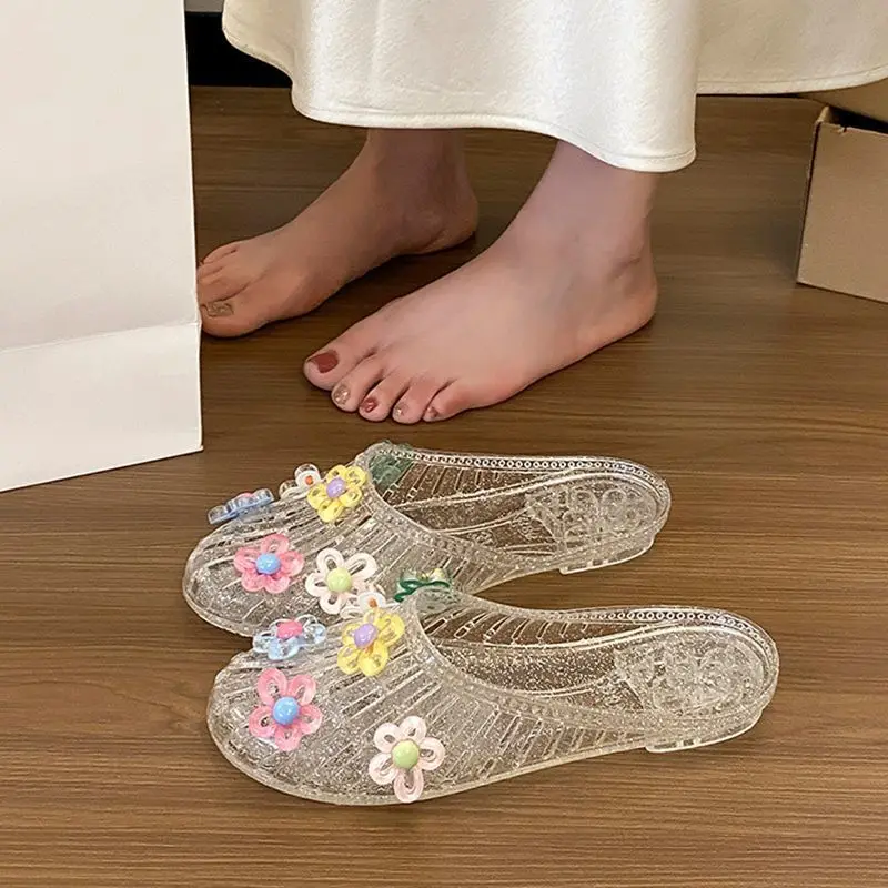 Glitter Transparent PVC Jelly Mules Cute Colorful Flower Decor Round Toe Slide Slippers Hollow Flat Casual Summer Beach Sandals