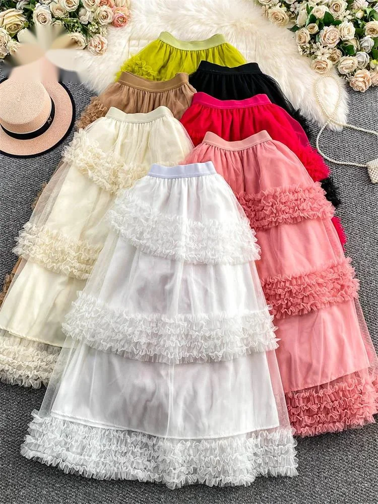

Flowy Gauze Tierred Skirt Spring Stretchy High Waist Solid Chic Oversize Female Fairycore Vacation Long Skirt