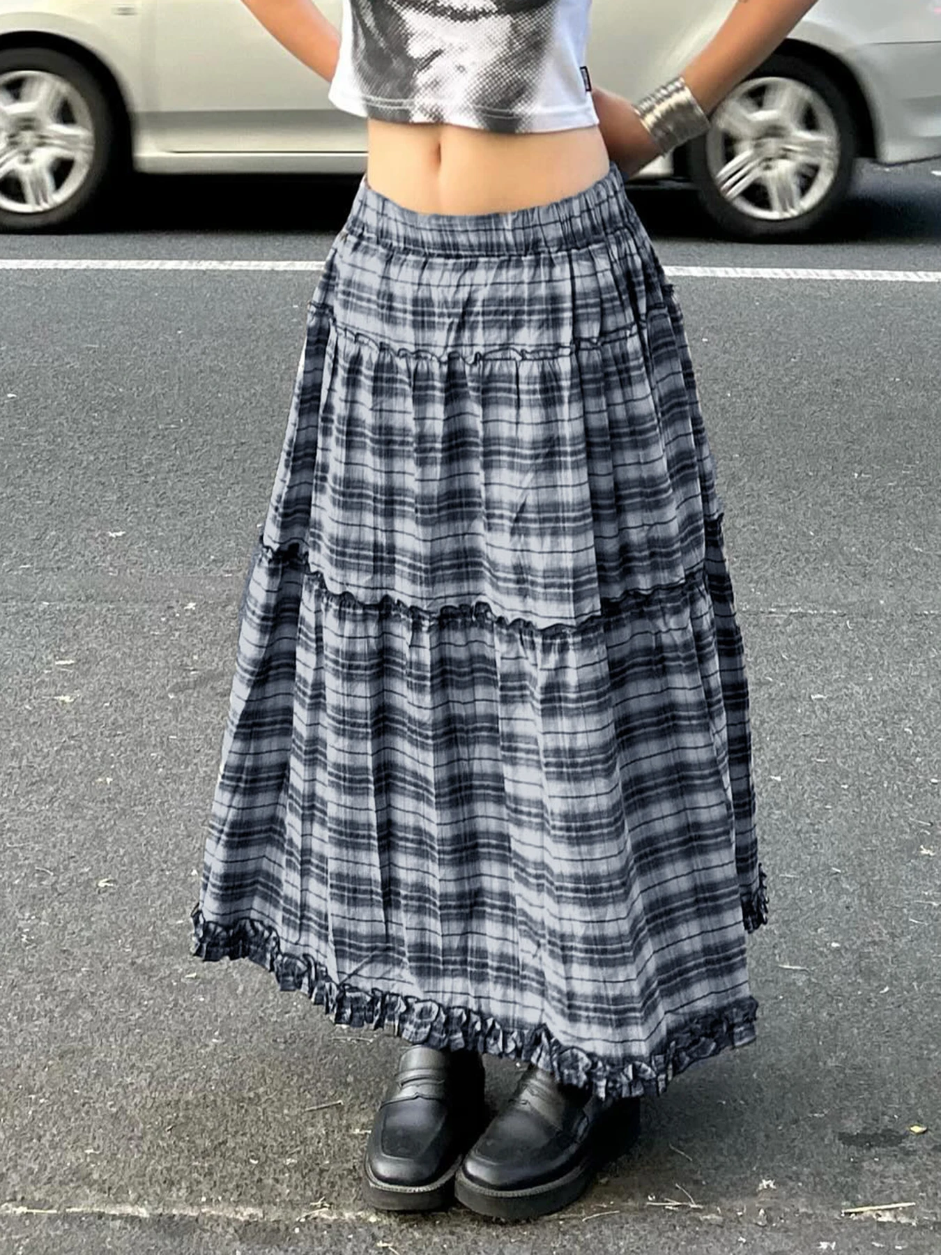 Weekeep Harajuku Plaid Print Skirt y2k Vintage Loose Low Rise Ruched Patchwork Long Skirts Preppy Style Women Clothing Fairycore