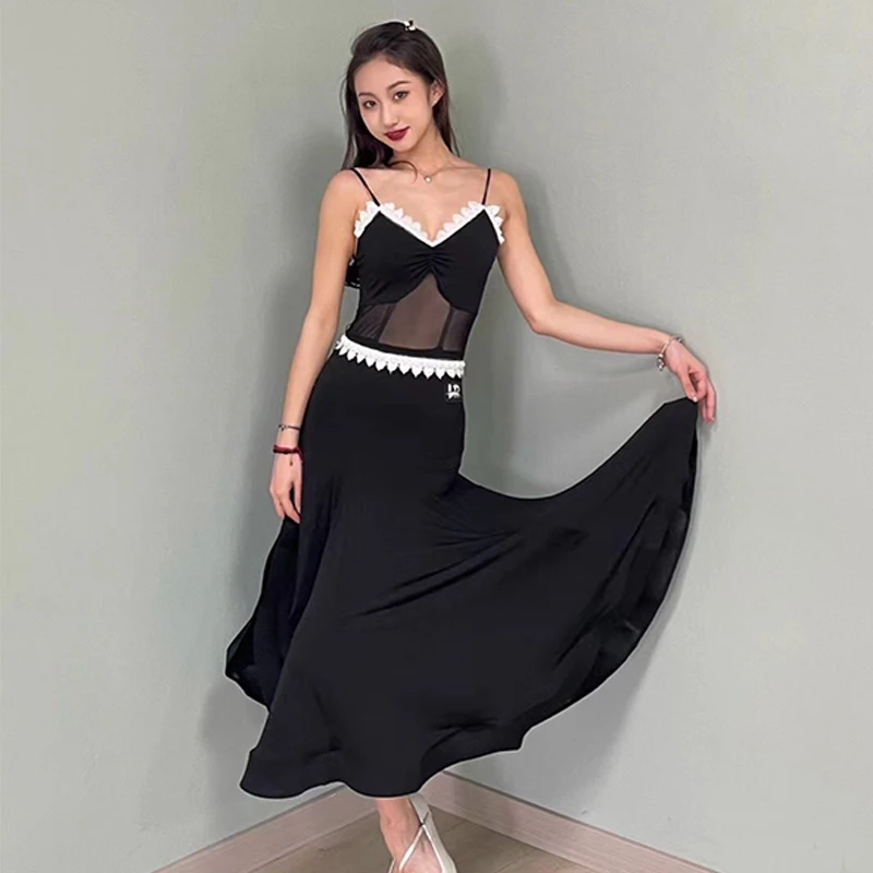 

Ballroom Dance Competition Dress Black Mesh Lace Sexy Latin Performance Clothing Waltz Tango Modern Dance Wear Prom Dress BL8627