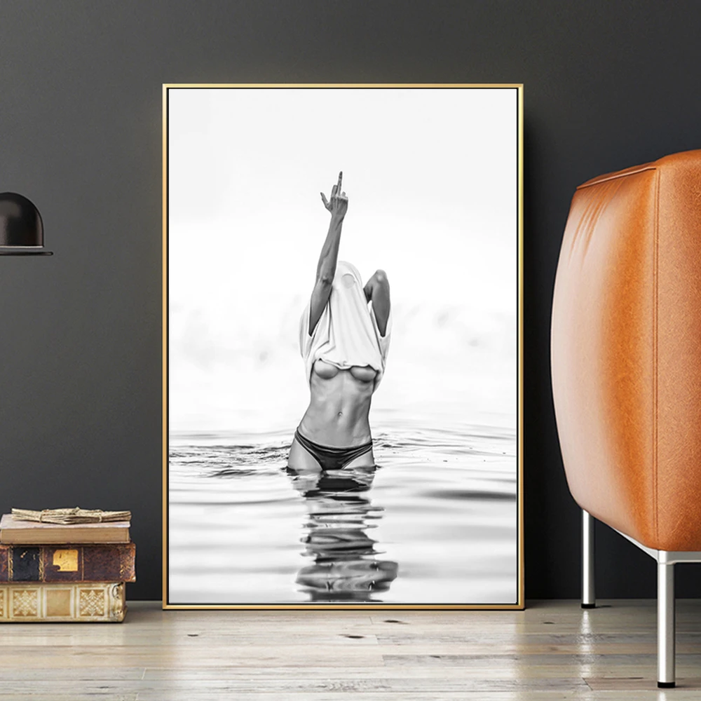 

Sexy Bikini Woman Poster Prints For Living Room Home Decor Nordic Feminist Middle Finger Girl Canvas Painting Wall Art Cuadros