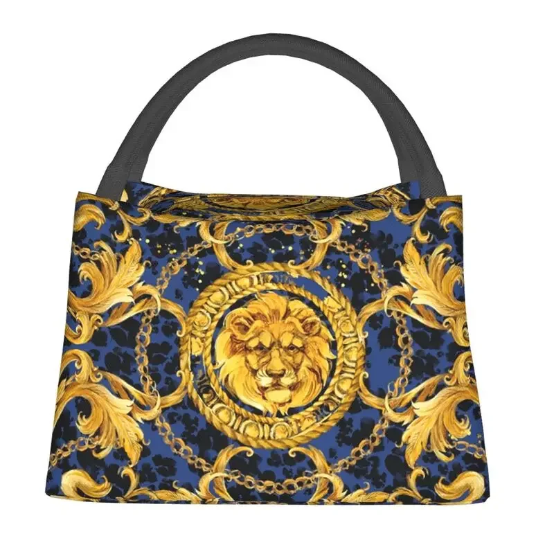 Baroque Golden Lion And Damask Insulated Lunch Tote Bag for Women Portable Cooler Thermal Food Lunch Box Outdoor Camping Travel