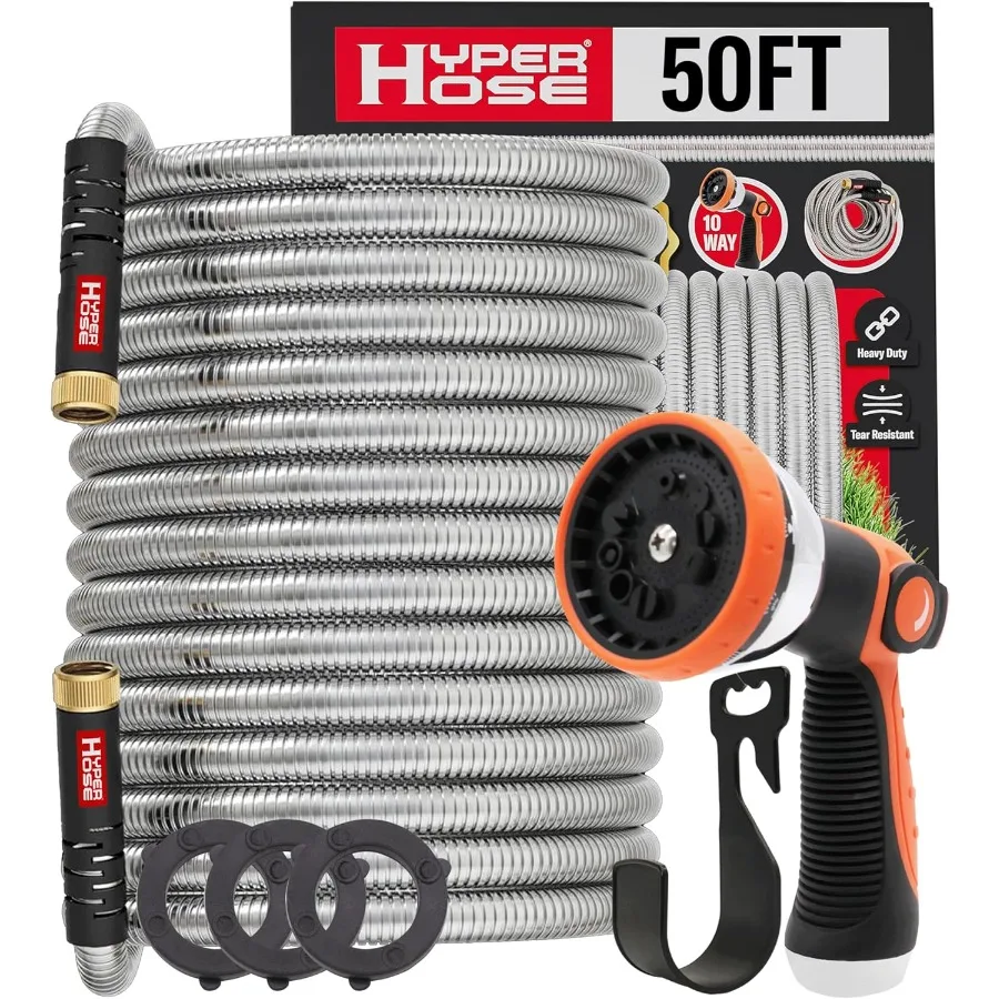 

Набор сверхмощных металлических садовых шлангов длиной 50 футов с дизайном NoKink для наружного ландшафтного дизайна и орошения Прочная нержавеющая сталь 316, Co