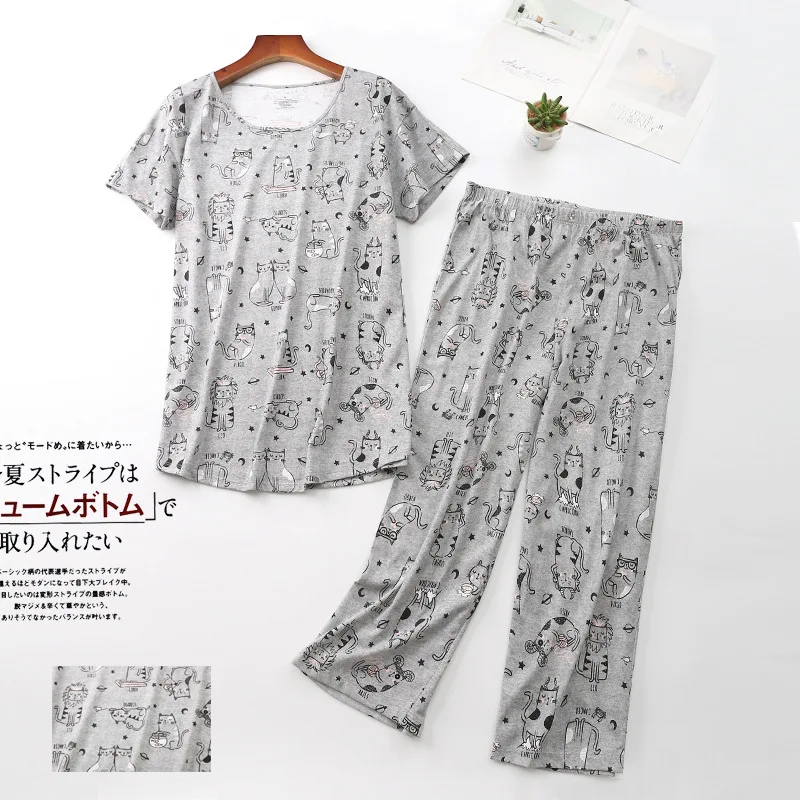 Multi Styles Summer Women\'s Pajamas Set Owl Sheep Cat Short Sleeve Tops Three Quarter Pants Capris Sleepwear Big Size 2904