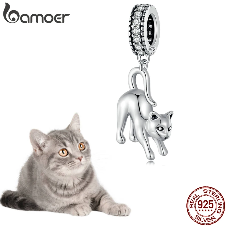 Bamoer 925 Sterling Silver Vivid Cat Pendant Charms Cute Animal Charms for Women Girls Bracelet & Bangle DIY Fine Jewelry SCC259