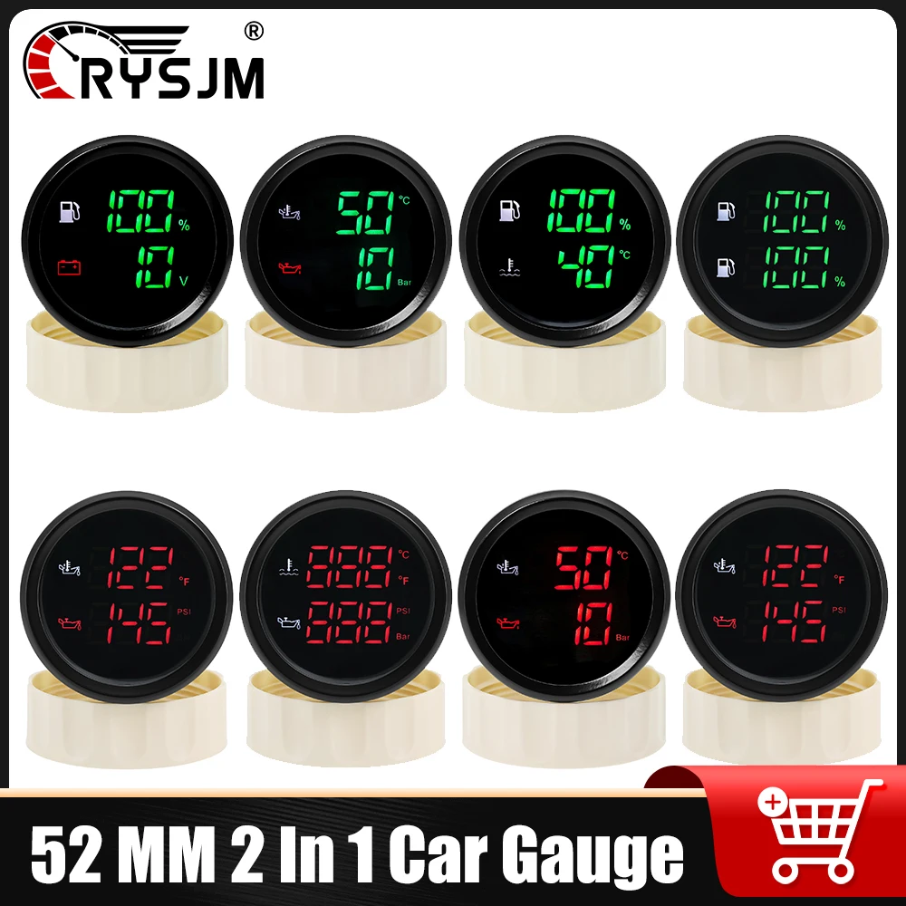 Digital Dual Display Gauge with Alarm 52MM Water Level Sewage Level Oil Press Oil / Water Temp Volt Meter for Boat Car 12V24V