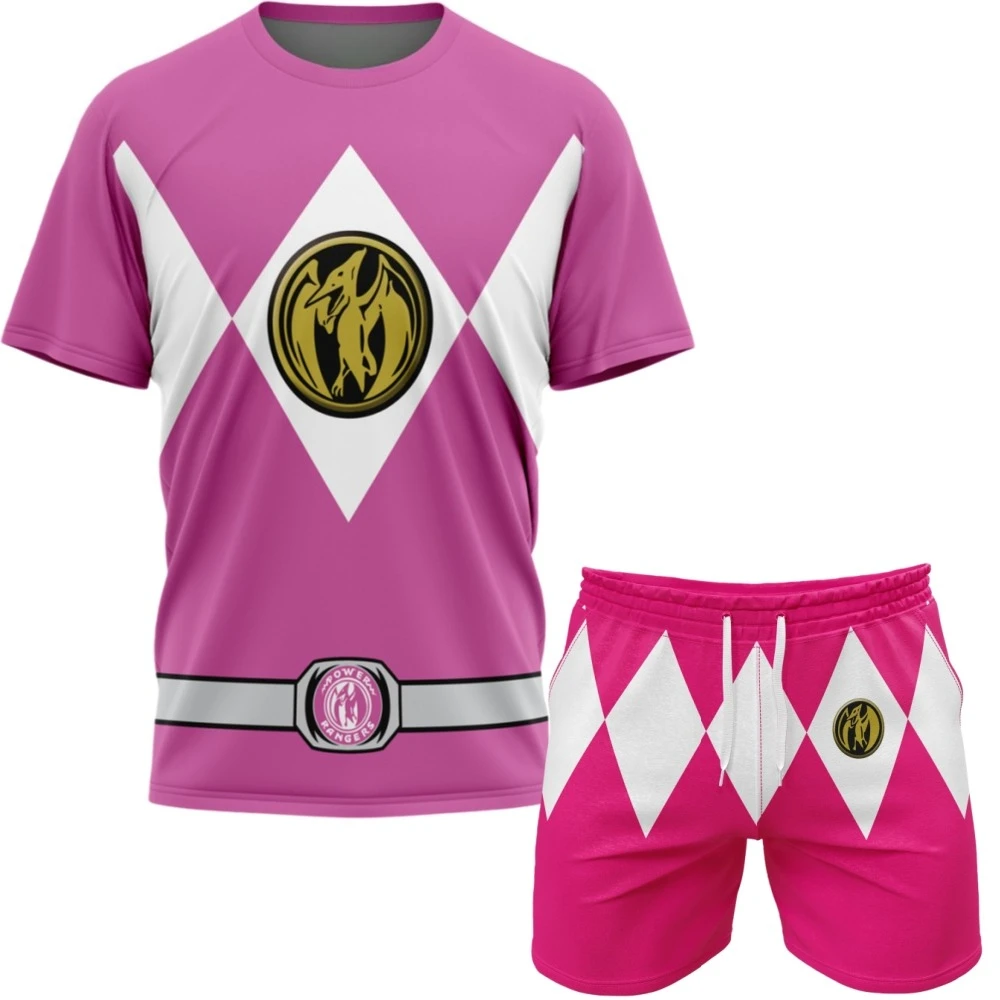 Conjunto Esportivo Unissex Bandai Power Rangers Verão 2026: Camiseta e Shorts Oversized Respiráveis de Secagem Rápida para Fitness e Corrida ﻿